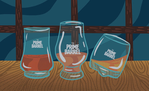 The Prime Barrel premium whiskey glassware, Glencairn glasses and branded mugs