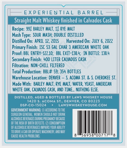 Laws Whiskey House "Laws & Order: Calvados Case" Straight Malt Whiskey Finished in Calvados Cask The Prime Barrel Pick #63 - De Wine Spot | DWS - Drams/Whiskey, Wines, Sake