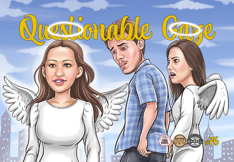 Cartoon-style illustration of three people with angel wings against a cityscape background, with 'Questionable Gaze' text.