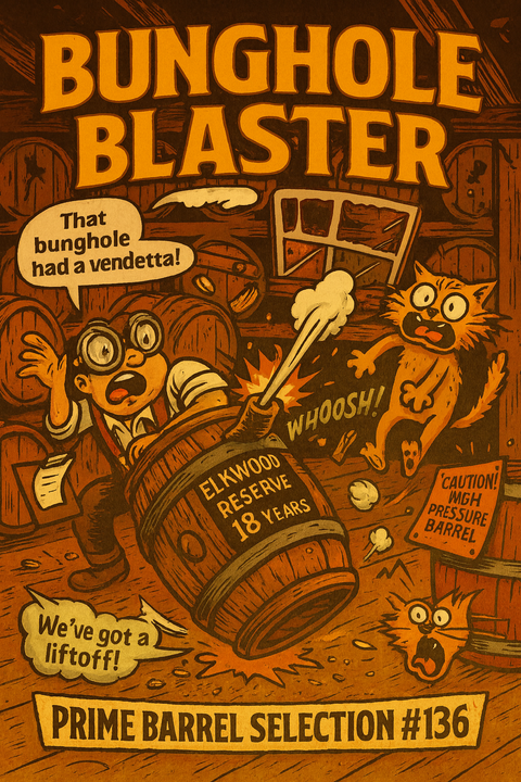 Comic-style illustration of a barrel being shot with text and characters, labeled 'Bunghole Blaster'.