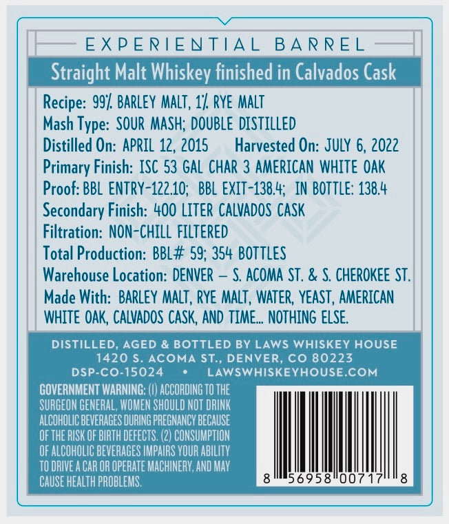 Laws Whiskey House "Laws & Order: Calvados Case" Straight Malt Whiskey Finished in Calvados Cask The Prime Barrel Pick #63