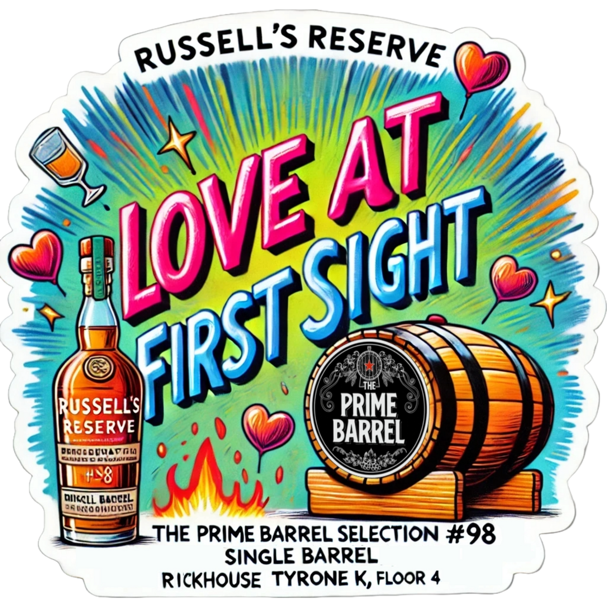 Russell's Reserve 9.5 Year Private Barrel Selection The Prime Barrel Pick #98 "Love At First Sight" sticker artwork