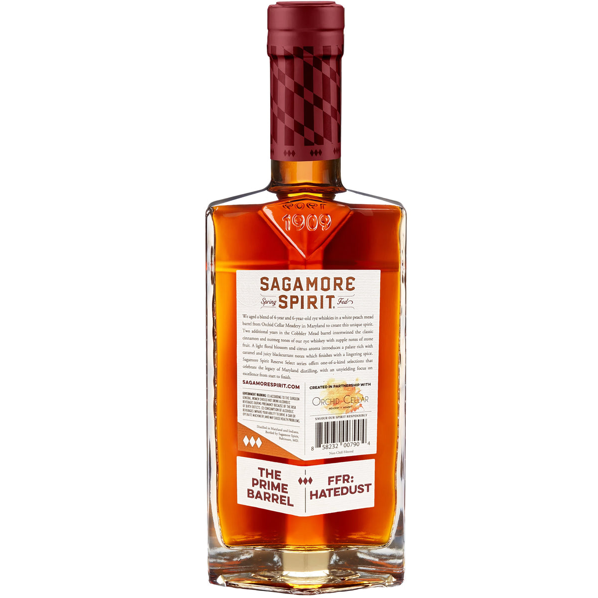 Sagamore Spirit "Peach Cobbler" Peach Mead Barrel Finish Rye The Prime Barrel x TheHateDust Pick bottle back view