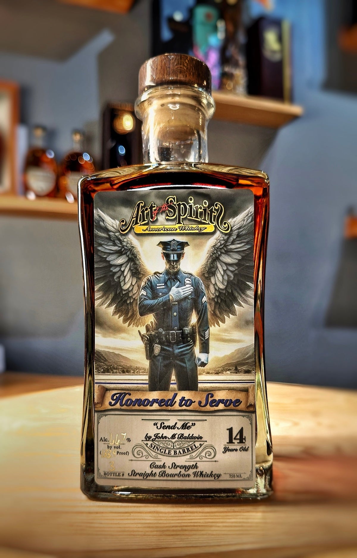 Art of The Spirits "Honored To Serve" 14 Year Old Single Barrel Bourbon The Prime Barrel Pick #104 bottle front view on white