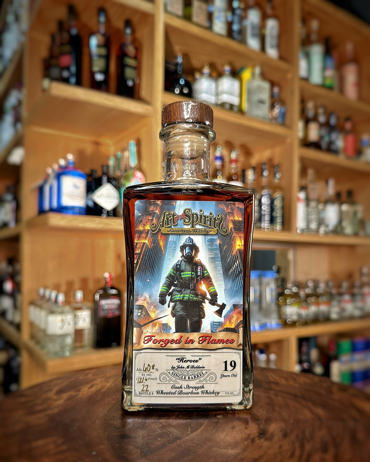 Art of The Spirits "Heroes" 19 Year Old Wheated Single Barrel Bourbon The Prime Barrel Pick #105 bottle front view on white
