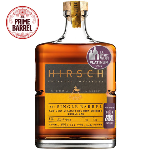Hirsch Single Barrel Kentucky Straight Bourbon Whiskey bottle with 'The Prime Barrel' logo.