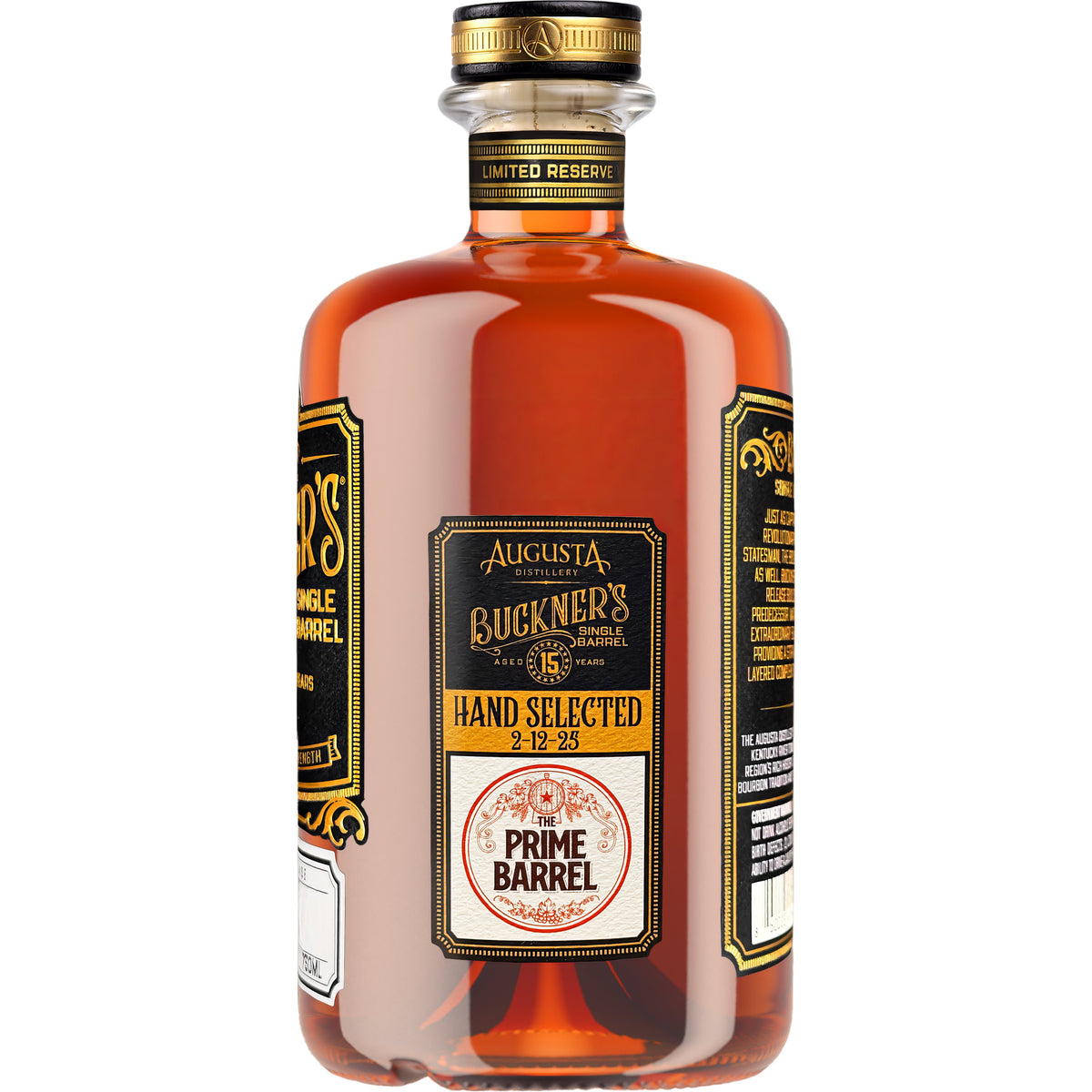 Augusta Distillery “Winged Wildebeest” Buckner's 15 Years Cask Strength Single Barrel Bourbon The Prime Barrel Pick #127 bottle side view with sticker