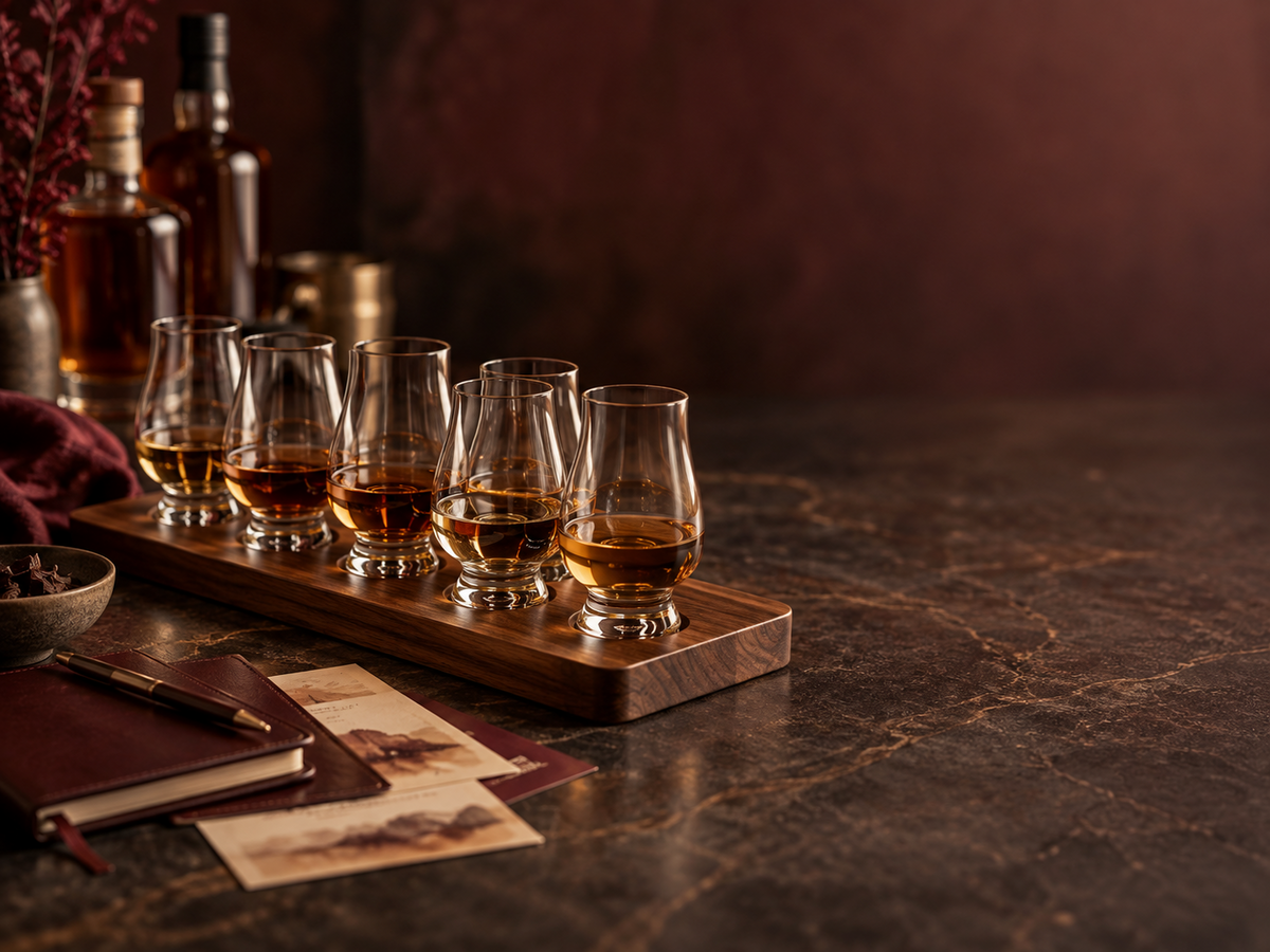 Whiskey tasting flight with six glasses